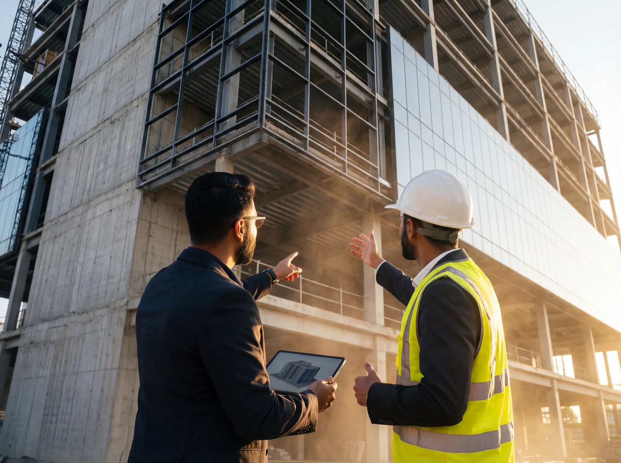 Construction managers reviewing plans on site