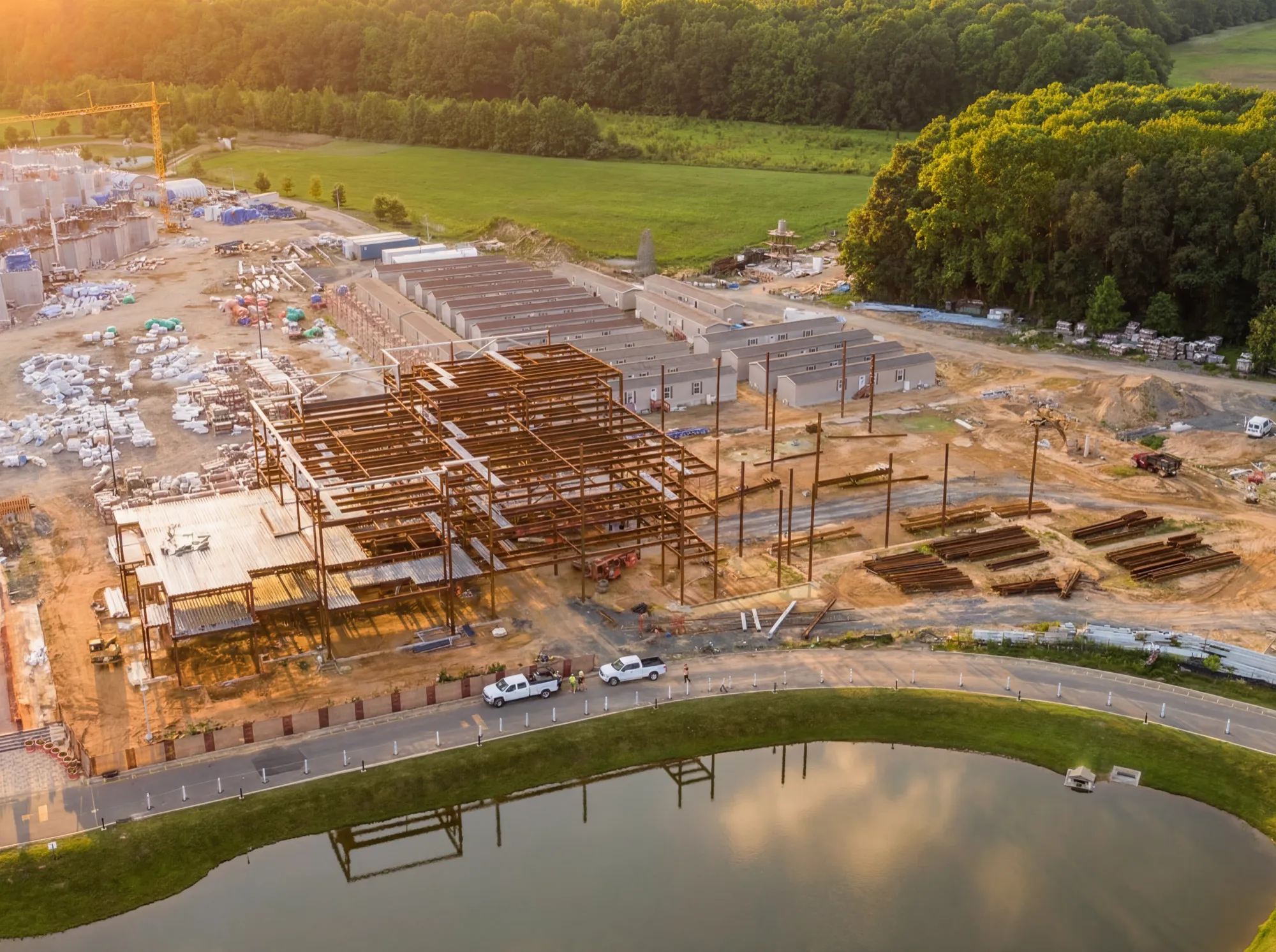 Aerial view of a construction site managed by Moksha Construction